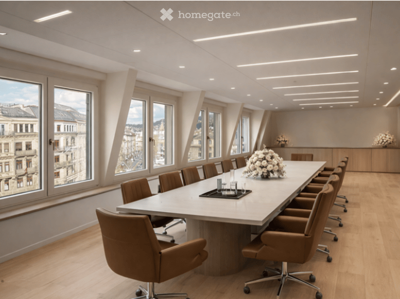 large conference room, long table, brown leather chairs, large windows, city view