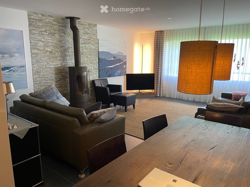 modern living room with fireplace, leather sofa, armchair, TV, dining table, chairs, rug, lamps, paintings