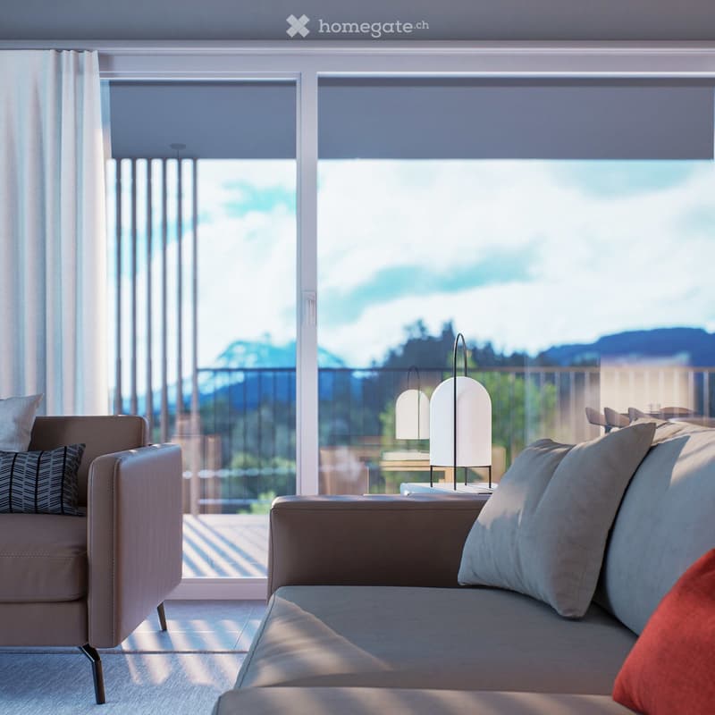 modern living room with large windows, balcony, beige sofa, white curtains, lamps, view of mountains