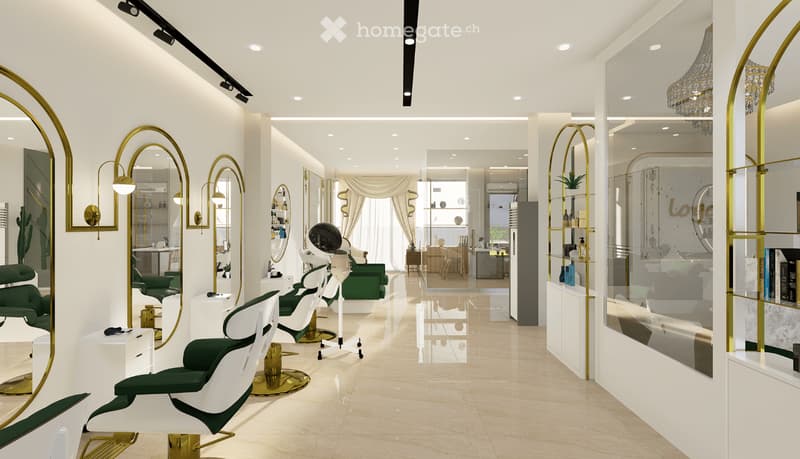 modern salon with white and green chairs, mirrors, and gold accents