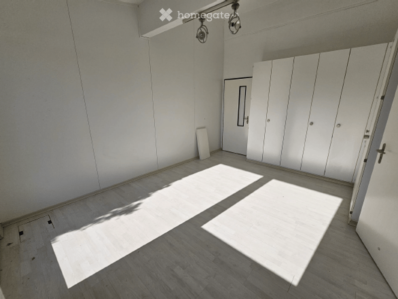 empty room, white walls, white floor, white cabinets, white door, ceiling lights