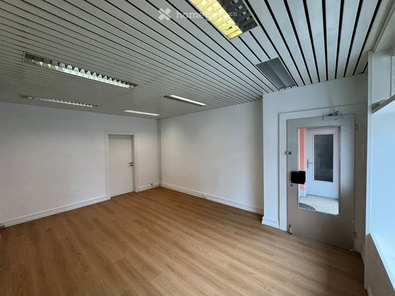 Empty room with white walls, wooden floor, and two doors. One door is open, revealing a glass door with a mesh screen. The ceiling has a grid design with lights.