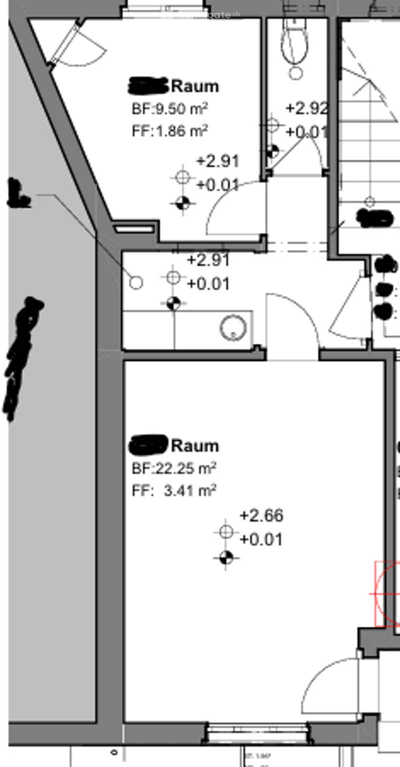 Floor plan with multiple rooms, dimensions provided for each room