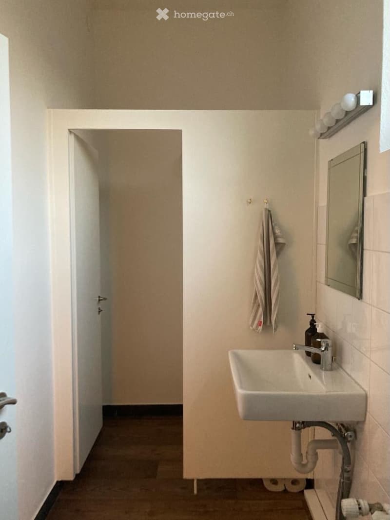 Bathroom with sink, mirror, towel, and toilet paper
