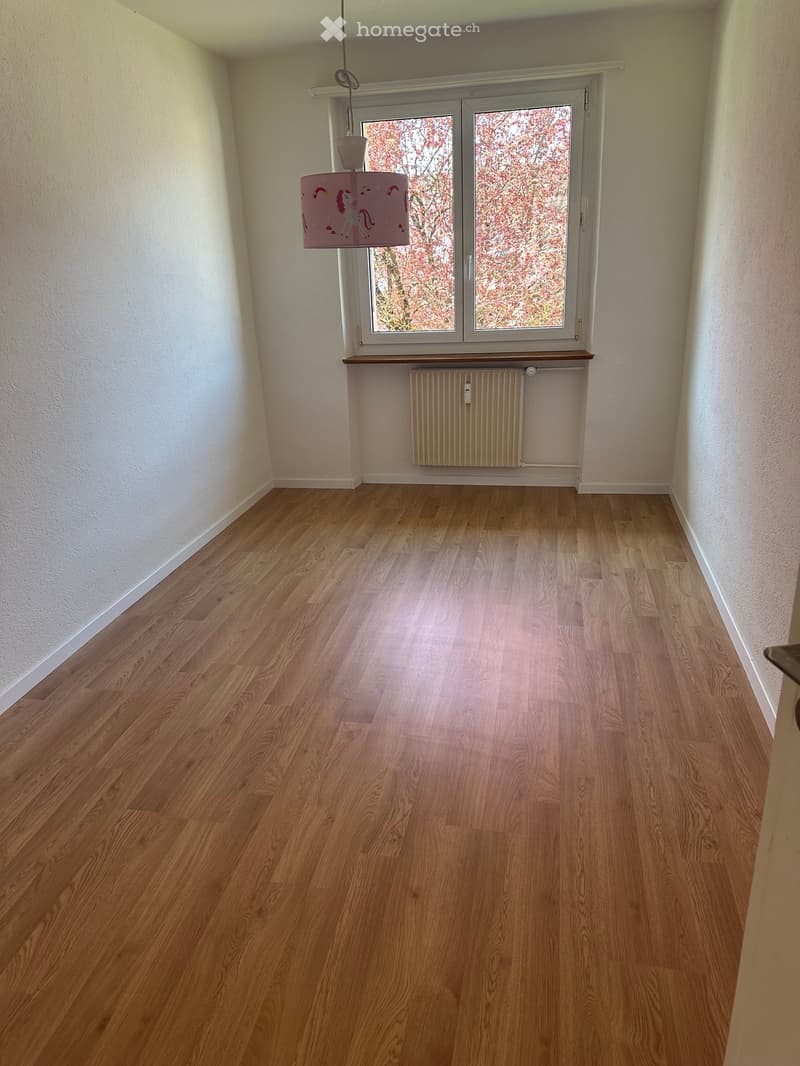 empty room, wooden floor, white walls, window with view of trees, radiator