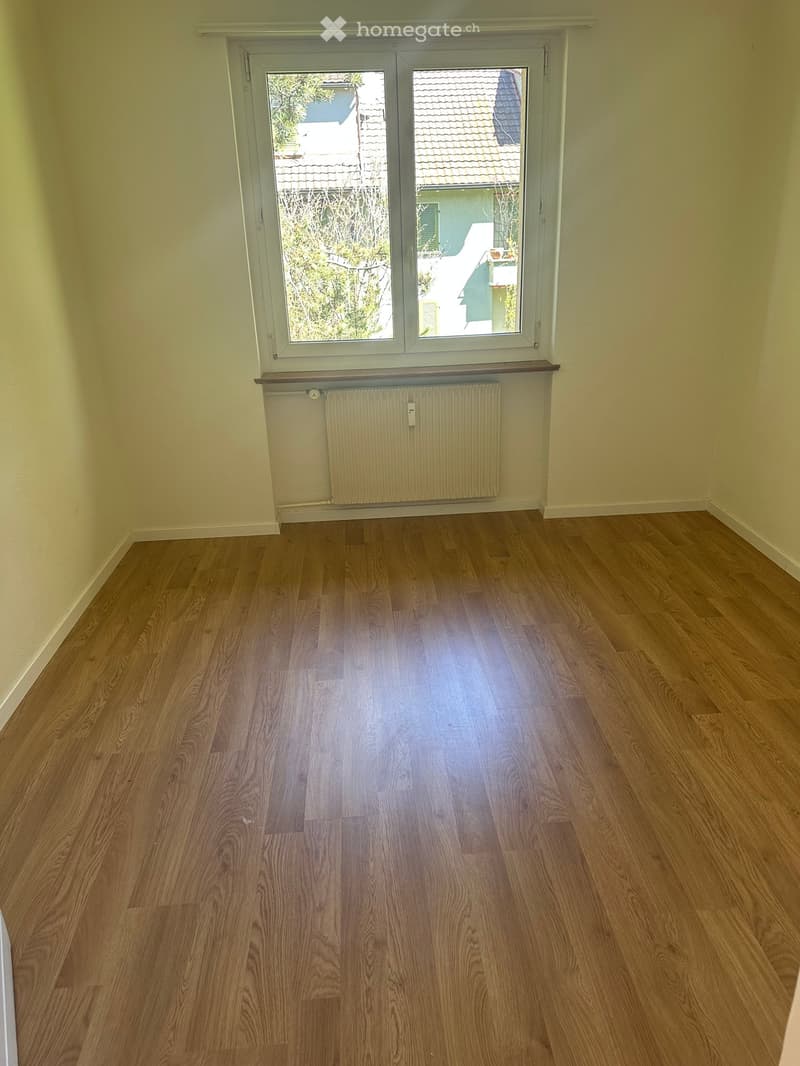 empty room, wooden floor, white walls, large window, white radiator