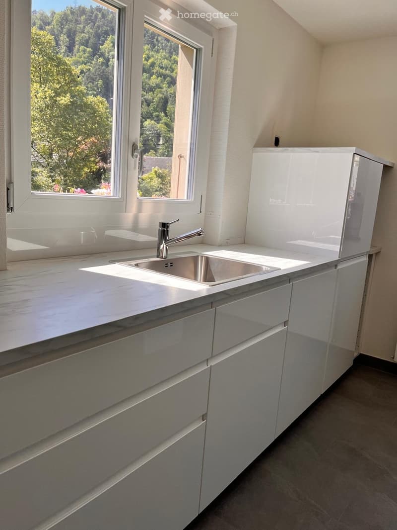 modern kitchen with white cabinets, marble countertop, stainless steel sink, faucet, window with view of trees