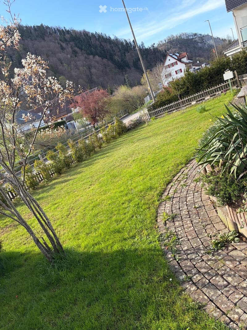 green lawn, brick pathway, trees, bushes, mountain in the background