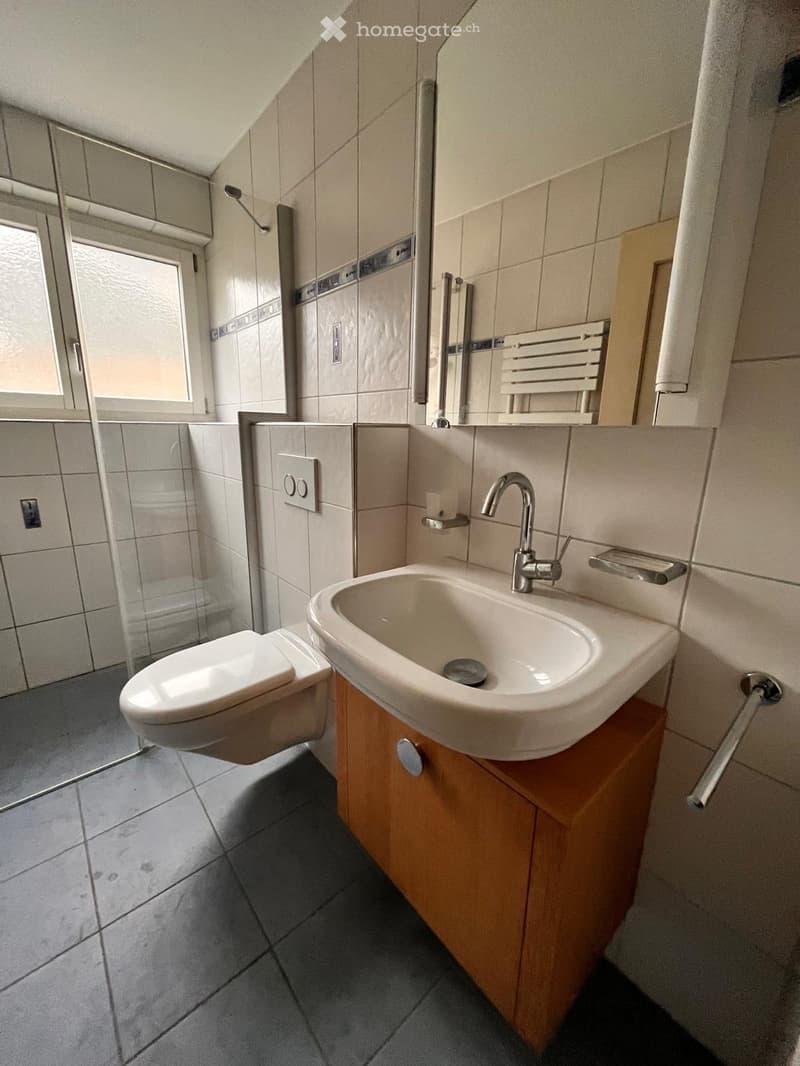 Bathroom with white tiles, toilet, sink, mirror, and shower enclosure