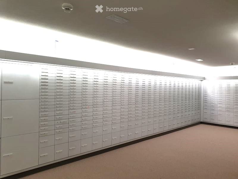 Storage room with white cabinets, beige floor, white walls, ceiling lights