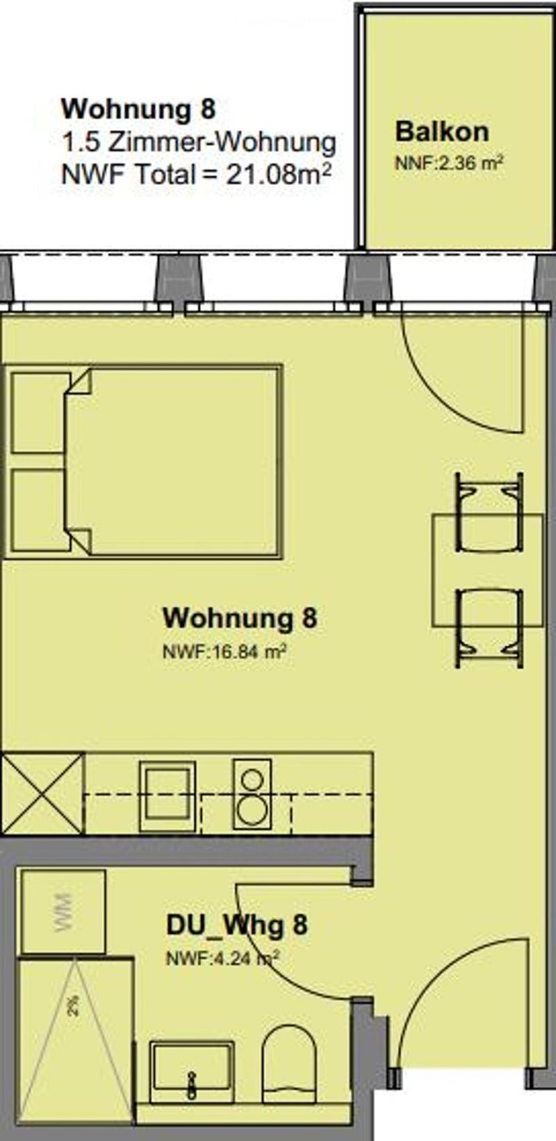 1.5 room apartment, balcony, kitchen, bathroom, living room