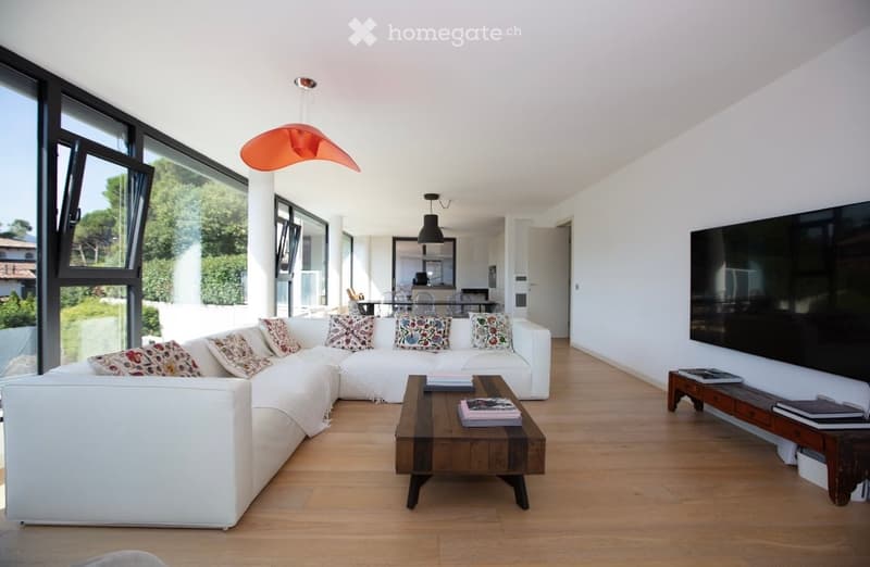 modern living room, white couch, wooden coffee table, large windows, flat screen TV