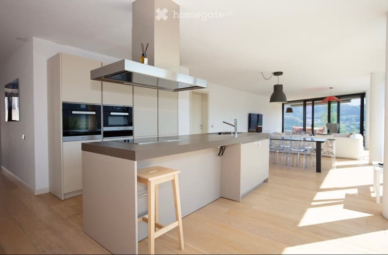 modern kitchen with island, wooden floor, large windows, dining area, appliances