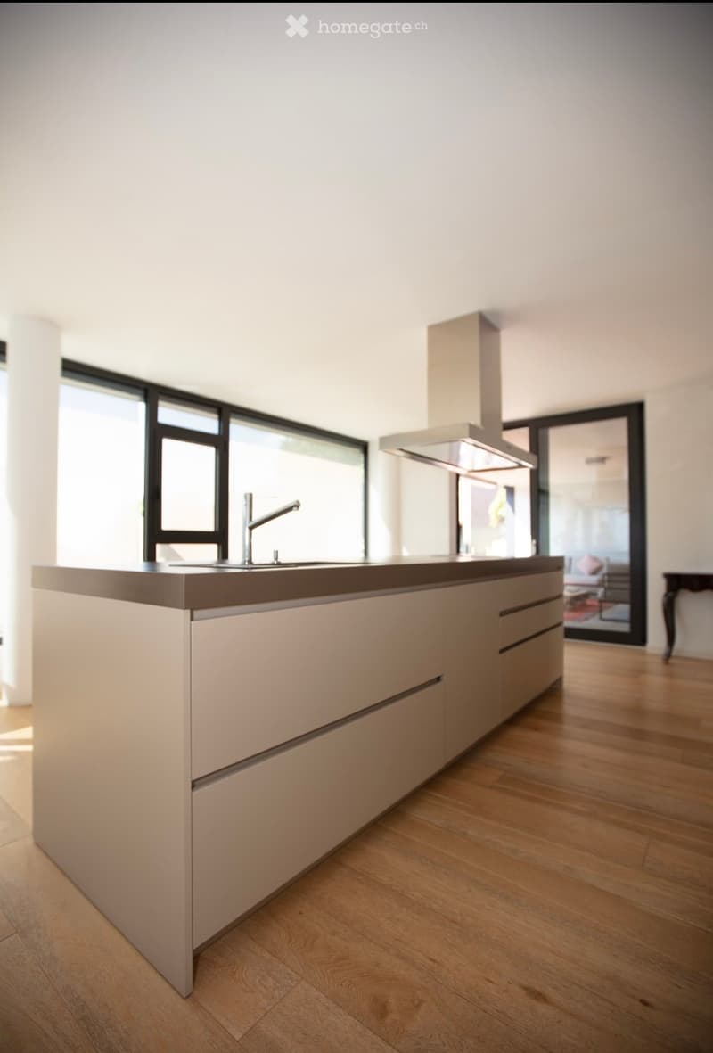 modern kitchen with white cabinets, wooden floor, large windows, stainless steel faucet, kitchen island, range hood