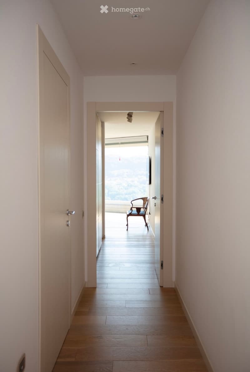 Empty hallway with wooden floor, white walls, two doors, and a view of the outside