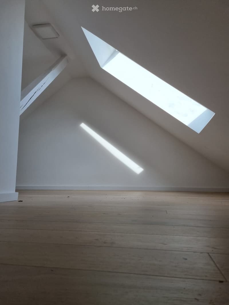 empty attic room, wooden floor, white walls, two skylights