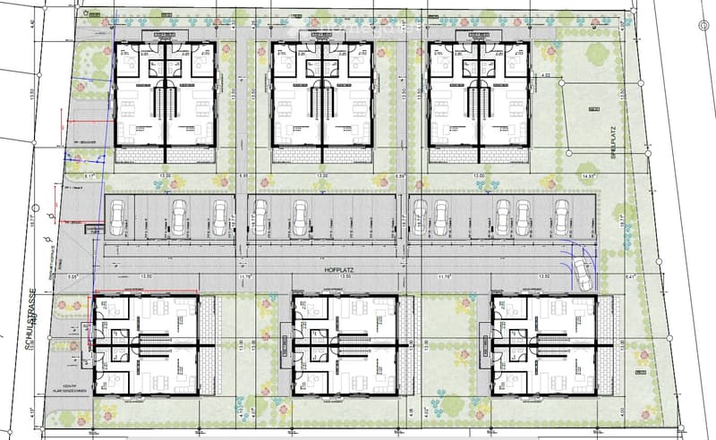 6 units, each with 2 bedrooms, living room, kitchen, bathroom, balcony, parking place