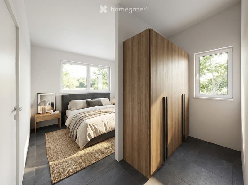 Bedroom with bed, nightstand, rug, large windows, wooden wardrobe
