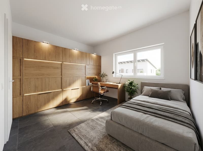 modern bedroom with wooden wall, desk, chair, bed, rug, plants, window