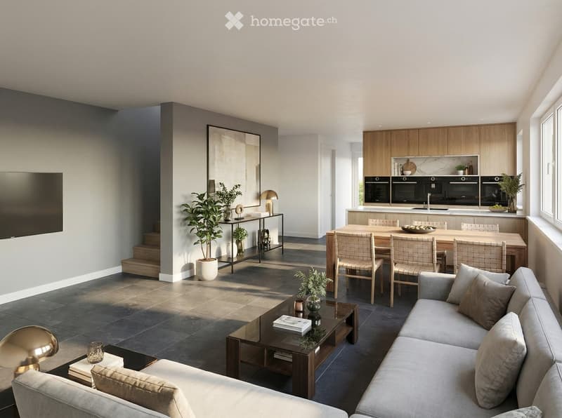 open plan living room, dining area, modern furniture, large windows, plants, flat screen TV, coffee table, couch, dining table, chairs