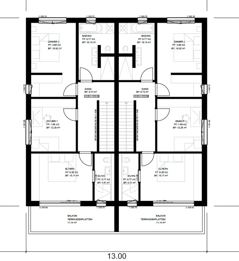 Floor plan with 2 bedrooms, 2 bathrooms, living room, kitchen, balcony, terrace