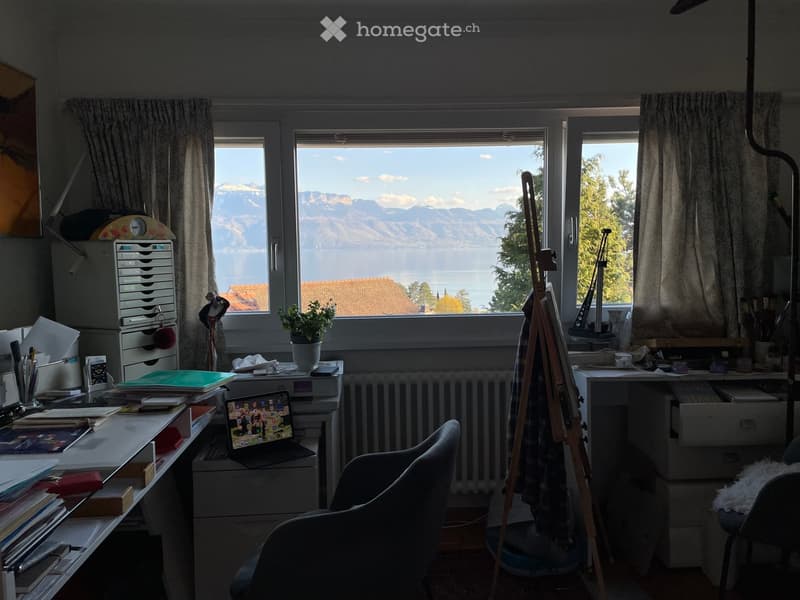 Office room with desk, chairs, radiator, window with view of mountains and lake, potted plant, laptop, books, and various office supplies.