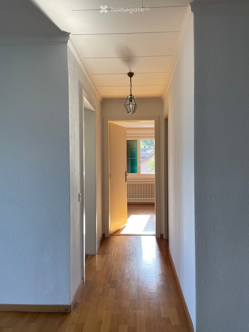 A long, narrow hallway with wooden flooring, white walls, and a hanging light fixture. An open doorway at the end leads to another room with visible furniture and a window.