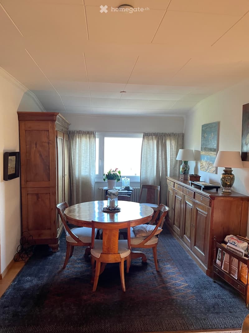 Dining room with wooden table and chairs, wooden cabinets, radiator, carpet, and a window with curtains