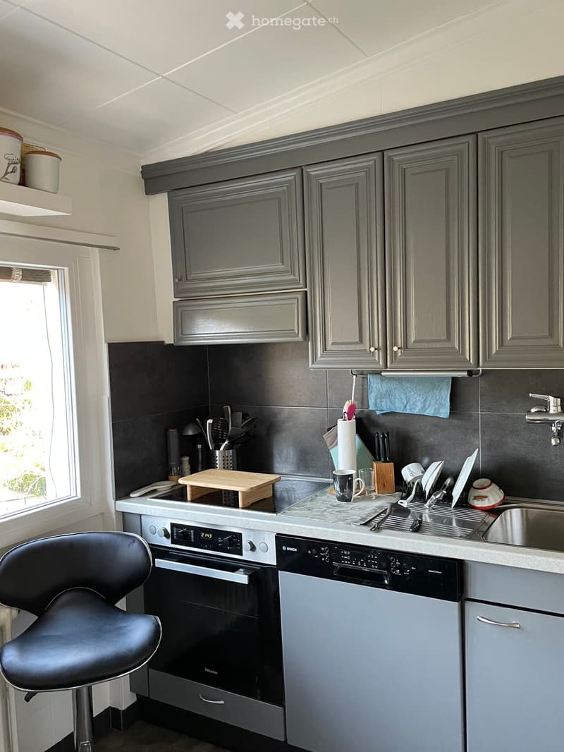 modern kitchen with gray cabinets, black oven, dishwasher, sink, and countertop