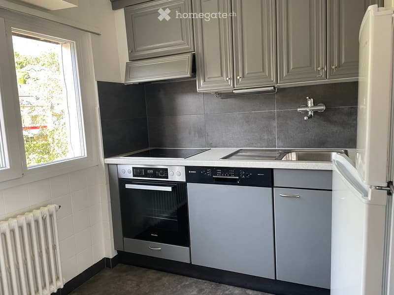 Modern kitchen with grey cabinets, stainless steel appliances, and a large window providing natural light.