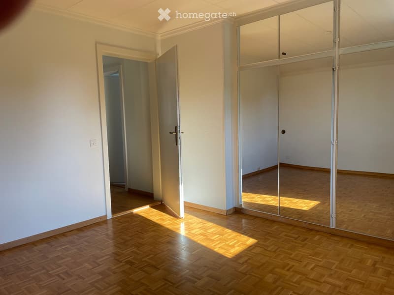 Empty room with wooden parquet flooring, white walls, large mirrored closet, and an open doorway leading to another space.