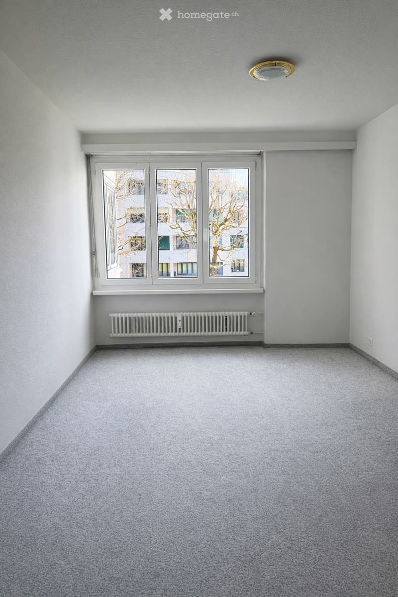 empty room, white walls, white ceiling, large window, radiator, carpeted floor