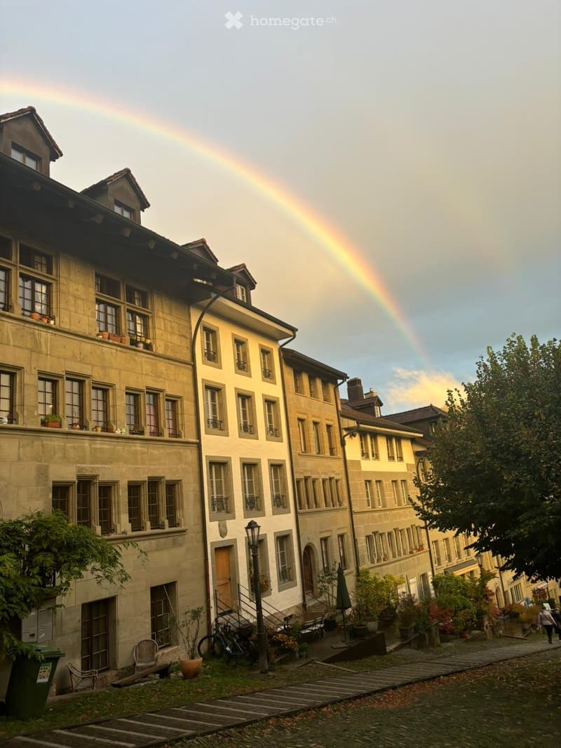 A row of stone buildings with multiple windows, balconies, and plants. A rainbow is visible in the sky.