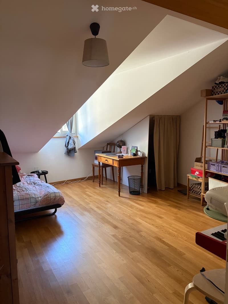 wooden floor, desk, chair, bed, lamp, window, curtain, storage boxes, shelves