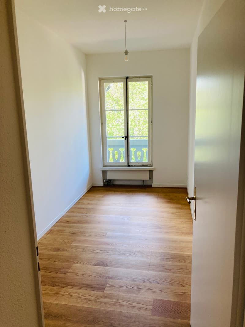 empty room, wooden floor, white walls, large window, balcony