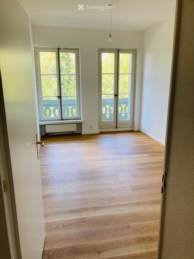 empty room, wooden floor, white walls, two glass doors, balcony, view of trees