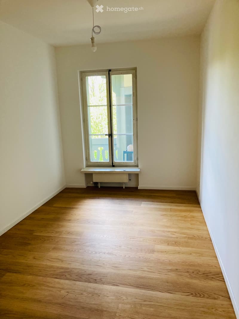 empty room, wooden floor, white walls, large window, balcony