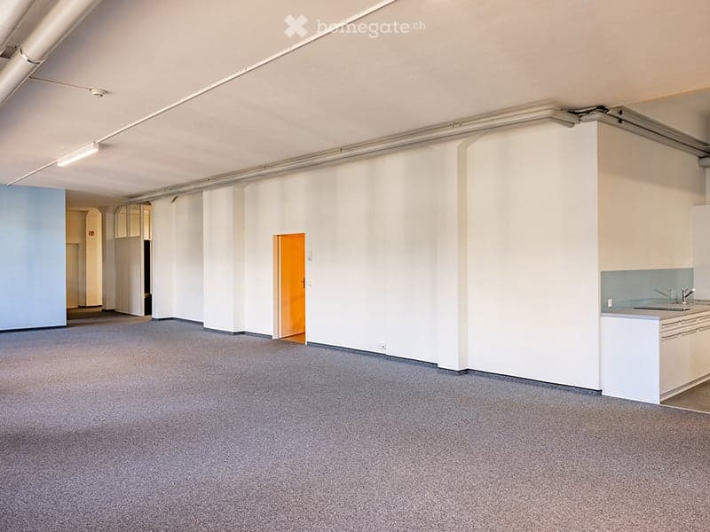 empty room, white walls, gray carpet, white ceiling, white kitchen with sink and cabinets