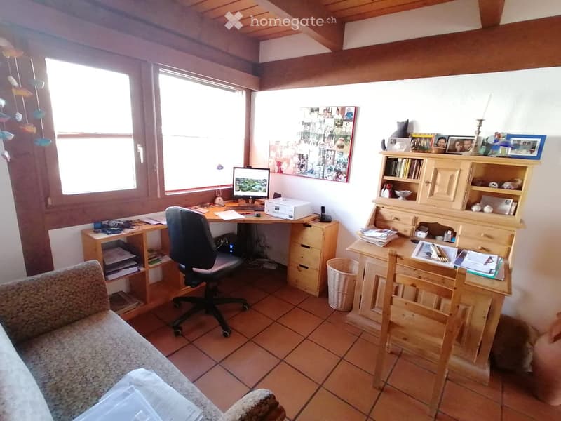 office area with desk, chair, computer, printer, shelves, couch, windows, wooden floor