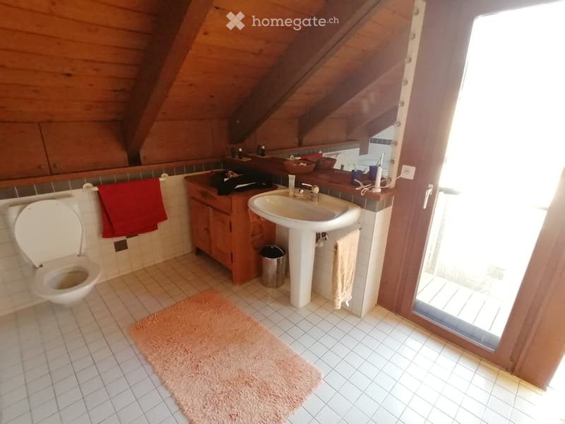 Bathroom with wooden ceiling, white tiles, white toilet, wooden cabinet, white sink, mirror, glass door, pink rug