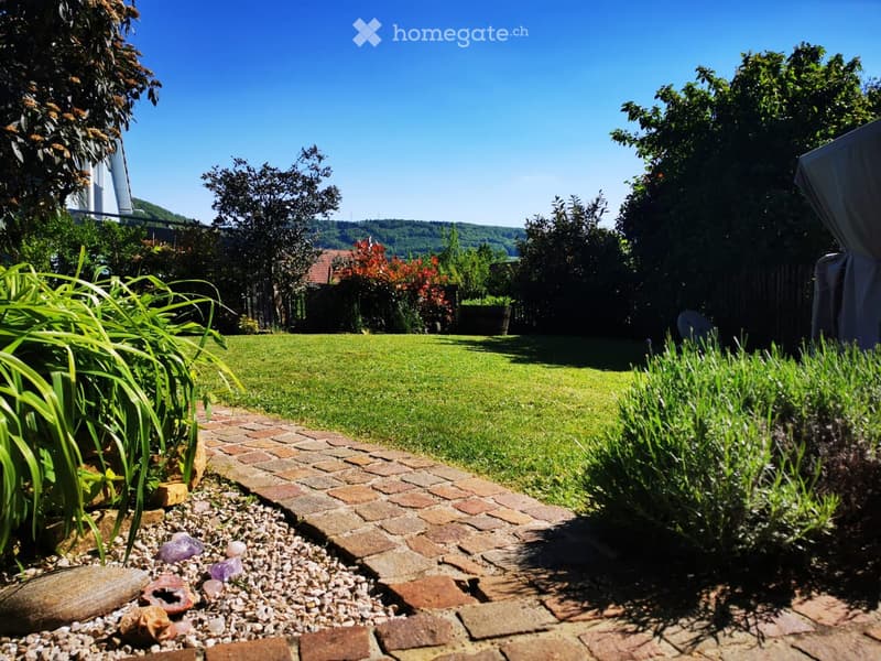 green lawn, brick pathway, various plants, distant house, hills in the background