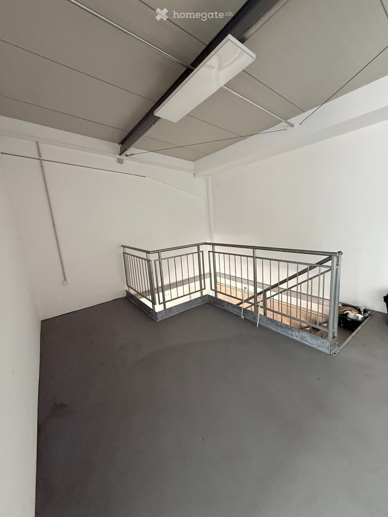Empty hallway with grey carpeted floor, white walls, and a metal staircase railing leading upwards.