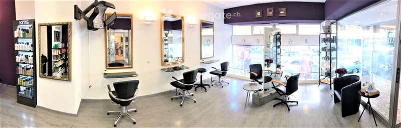 Beauty salon: chairs, tables, mirrors, wall lights, racks with products