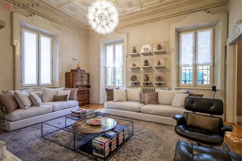 large room, two sofas, coffee table, glass table, bookshelves, chandelier, radiators, wooden floor