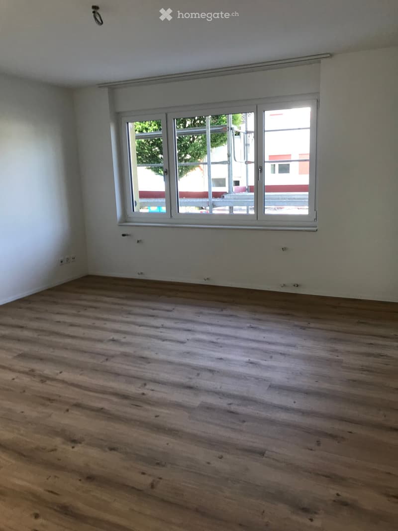 empty room, wooden floor, white walls, large window with view