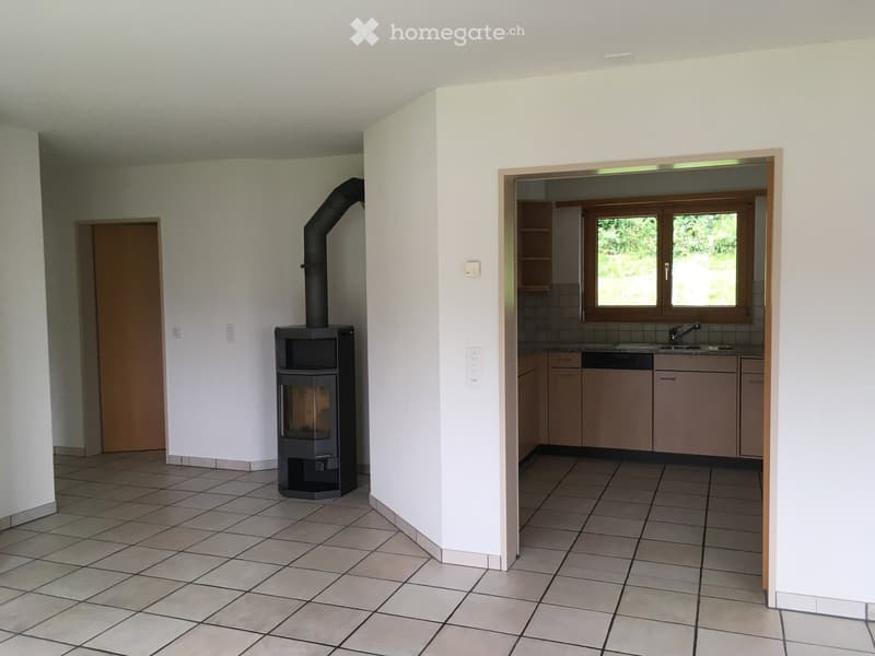empty room, fireplace, kitchen, tiled floor, white walls, window
