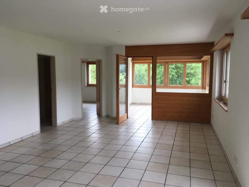 empty room, white walls, tiled floor, large windows, wooden door