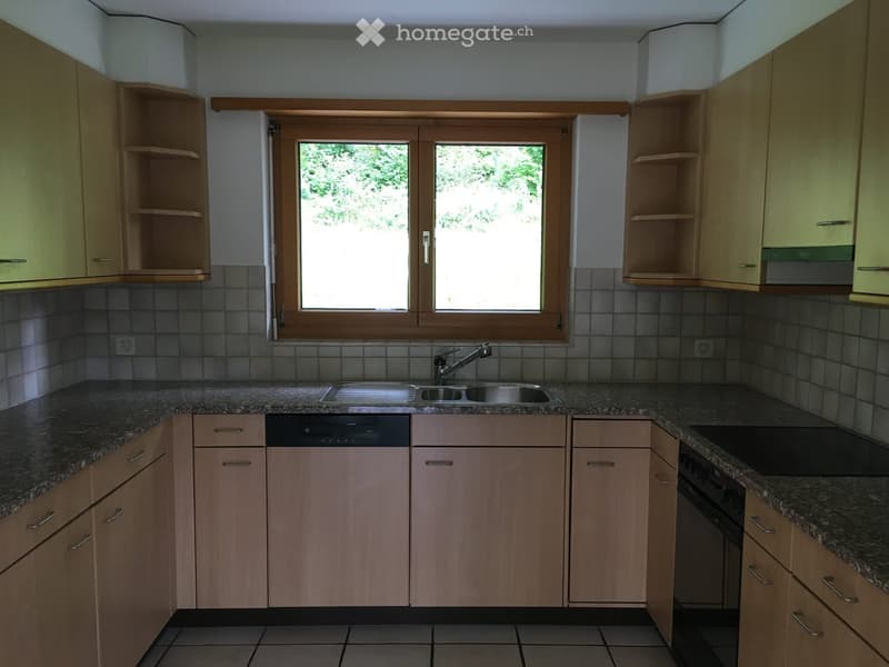 modern kitchen with wooden cabinets, granite countertops, double sink, dishwasher, window, tiled floor