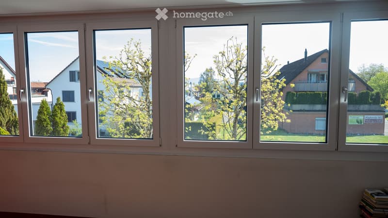 large window, view of trees and houses