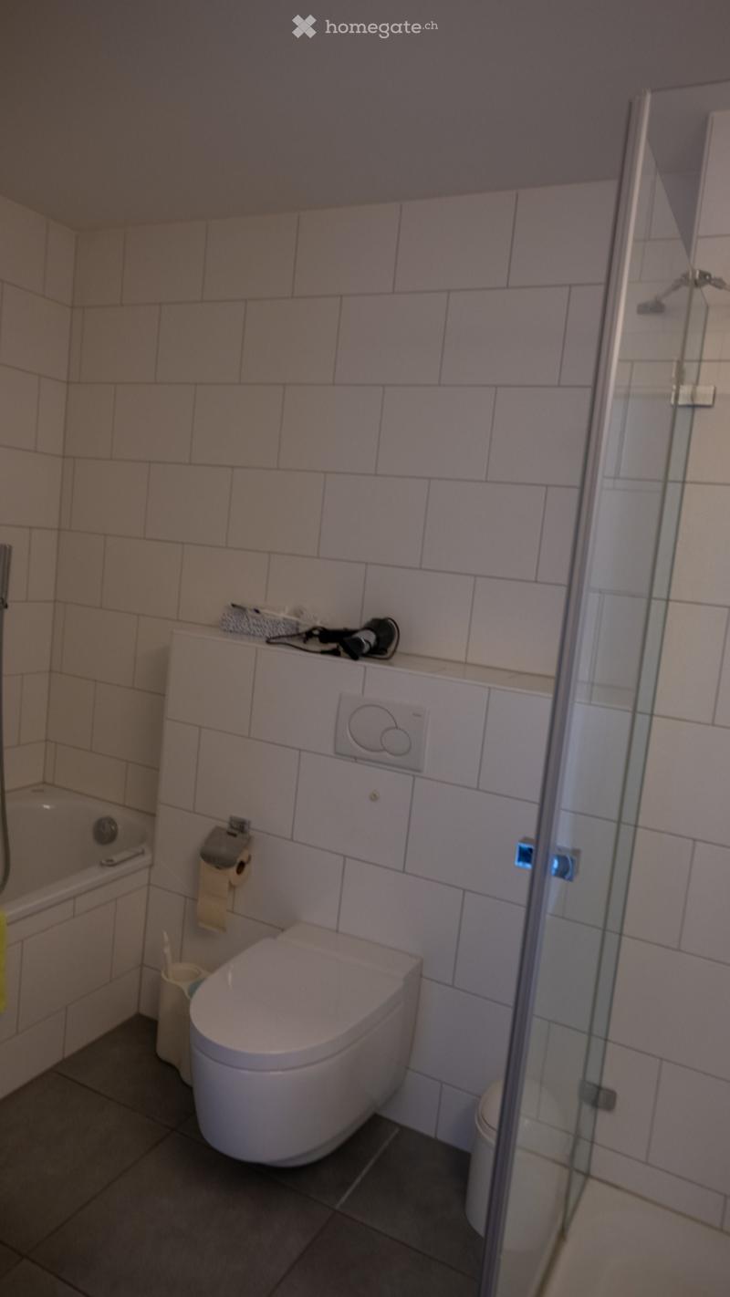 Bathroom with bathtub, toilet, bidet, shower, white tiles, white walls, white toilet, white bidet, white bathtub, glass shower door